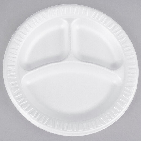 9" 3 Compartment White Laminated Round Foam Plate