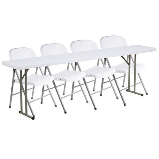 18" x 96" Granite White Heavy-Duty Blow Molded Plastic Folding Seminar Table with 4 White Folding Chairs