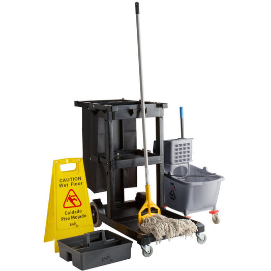 Lodging Black Janitor Cart and Mop Bucket Kit