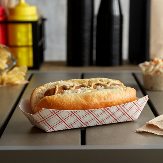 7" x 3 1/4" x 1 1/2" Red Plaid Paper Hot Dog Tray