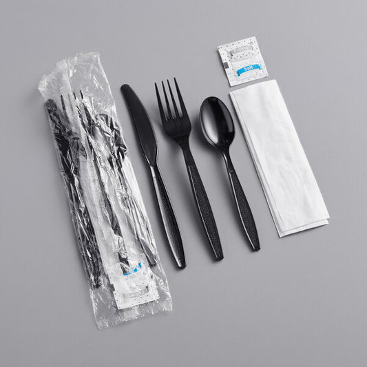 Heavy Weight Black Wrapped Plastic Cutlery Pack with Napkin and Salt and Pepper Packets