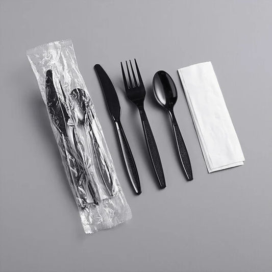 Heavy Weight Black Wrapped Plastic Cutlery Pack with Napkin