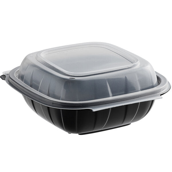 6" x 6" x 3" Microwaveable 1-Compartment Black / Clear Plastic Hinged Container