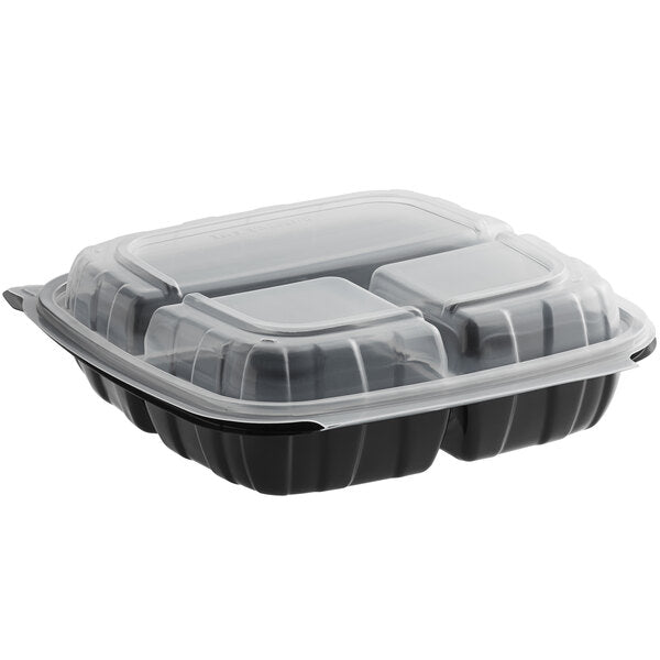 9" x 9" x 3" Microwaveable 3-Compartment Black / Clear Plastic Hinged Container