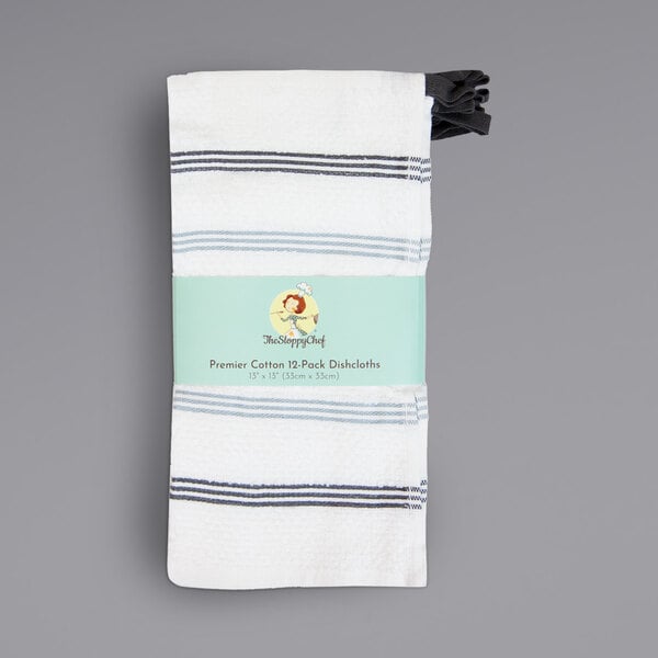 13" x 13" Gray Stripe Pattern 20 oz. Premier 100% Cotton Terry Dish Cloth with Hanging Loop - 12/Pack