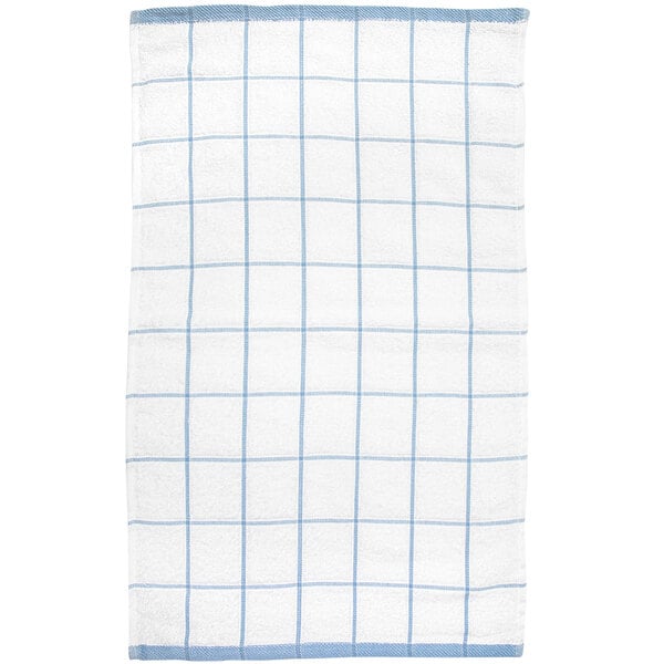 15" x 25" Blue Windowpane Pattern 32 oz. 100% Cotton Terry Kitchen Towel - 12/Pack