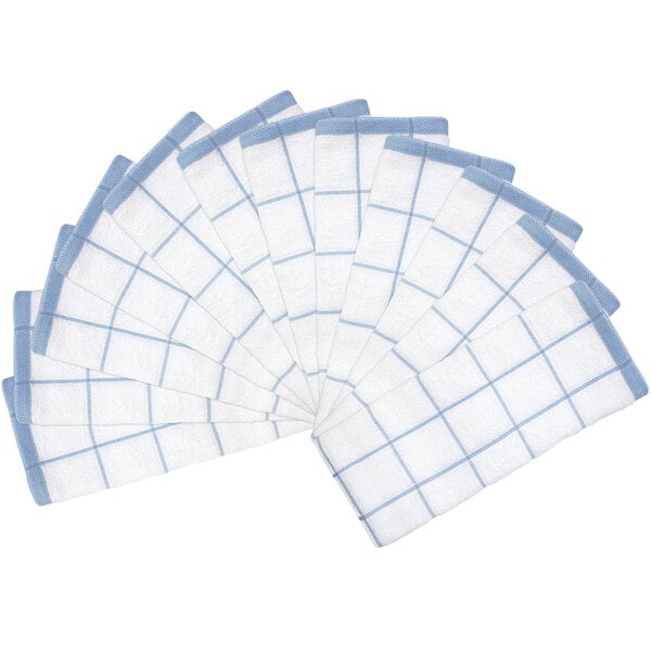 15" x 25" Blue Windowpane Pattern 32 oz. 100% Cotton Terry Kitchen Towel - 12/Pack