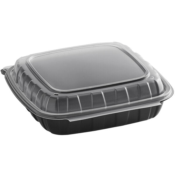 9" x 9" x 3" Microwavable 1-Compartment Black / Clear Plastic Hinged Container