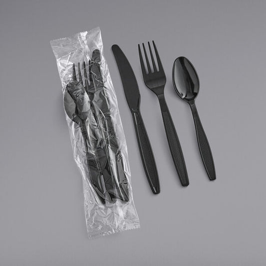 Wrapped Black Heavy Weight Plastic Cutlery Pack with Knife, Fork, and Spoon