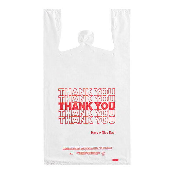 1/6 Size .59 Mil White "Thank You" Medium-Duty Plastic T-Shirt Bag