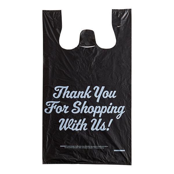 13" x 10" x 23" .83 Mil Black Thank You Heavy-Duty Plastic T-Shirt Bag