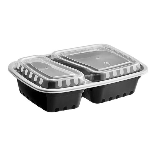 30 oz. Black 8 3/4" x 6" x 2 3/4" 2-Compartment Rectangular Microwavable Heavy Weight Container with Lid