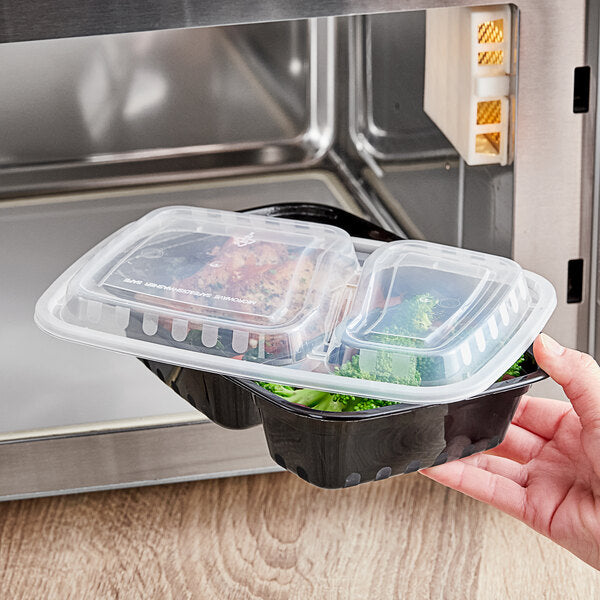 30 oz. Black 8 3/4" x 6" x 2 3/4" 2-Compartment Rectangular Microwavable Heavy Weight Container with Lid