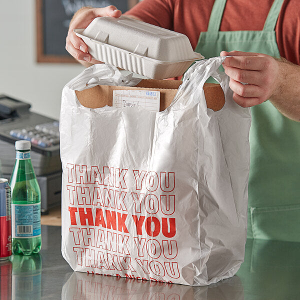 White "Thank You" Standard-Duty Plastic T-Shirt Bag - 1/6 Size
