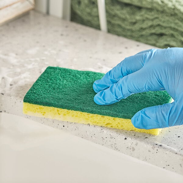 6" x 3 1/2" x 3/4" Yellow Cellulose Sponge / Green Heavy-Duty Scouring Pad Combo - 6/Pack