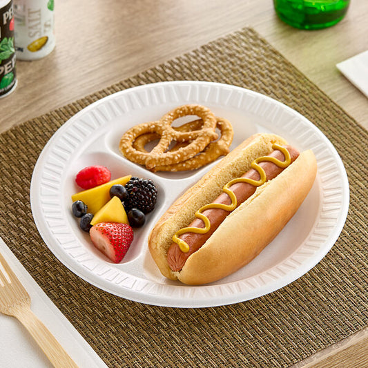 9" 3 Compartment White Non-Laminated Round Foam Plate