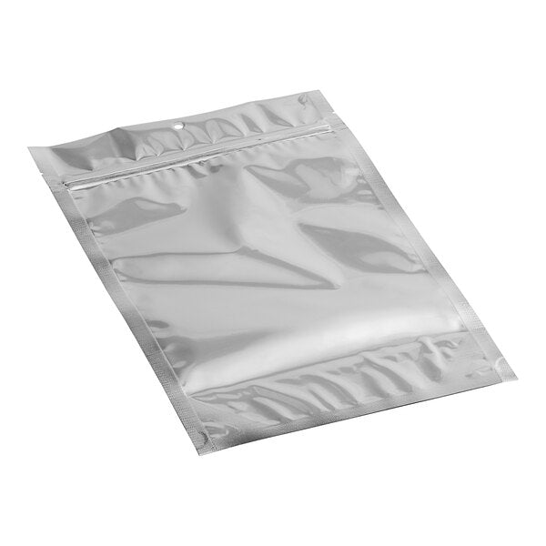7 1/2" x 11 1/2" 3 Mil Silver Metallized / Clear Plastic Zip Top Stand-Up Pouch with Hanging Hole