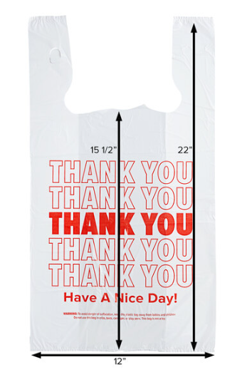 White "Thank You" Standard-Duty Plastic T-Shirt Bag - 1/6 Size