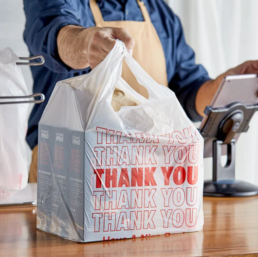 White "Thank You" Standard-Duty Plastic T-Shirt Bag - 1/6 Size