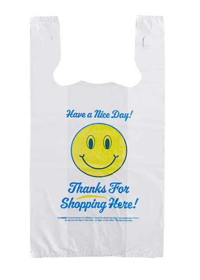 1/6 Size .71 Mil White Happy Face Heavy-Duty Plastic T-Shirt Bag