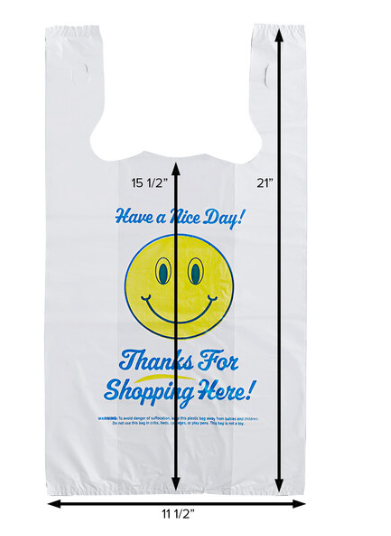 1/6 Size .71 Mil White Happy Face Heavy-Duty Plastic T-Shirt Bag