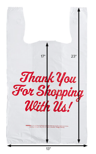 1/5 Size .67 Mil White "Thank You" Medium-Duty Plastic T-Shirt Bag