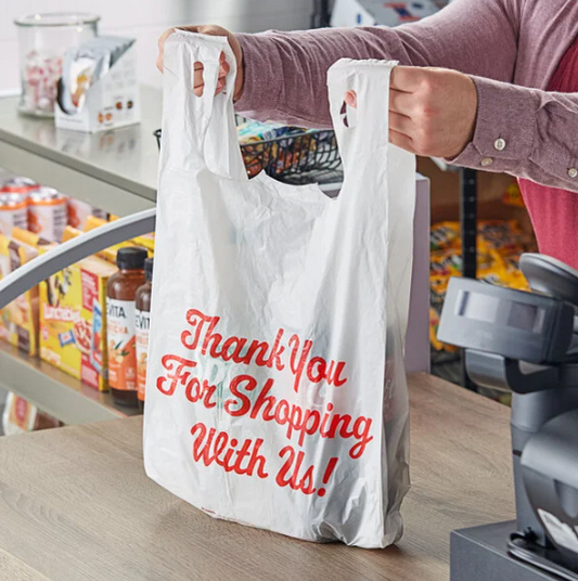 1/5 Size .67 Mil White "Thank You" Medium-Duty Plastic T-Shirt Bag