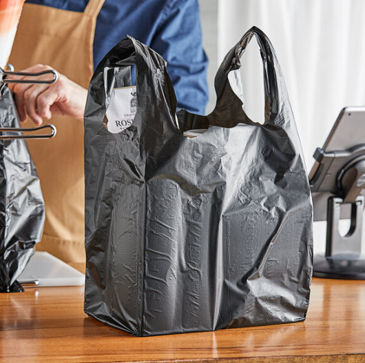 1/6 Size .67 Mil Black Embossed Medium-Duty Plastic T-Shirt Bag