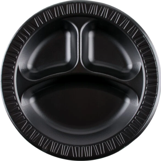 10 1/4" 3 Compartment Black Laminated Round Foam Plate