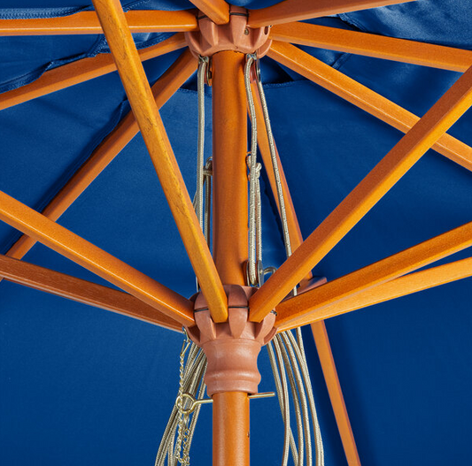 9' Royal Blue Pulley Lift Wood Umbrella
