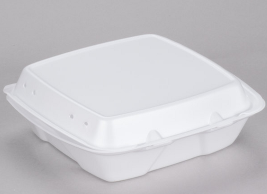 9" x 9" x 3" White Foam Square Vented Take Out Container with Perforated Hinged Lid