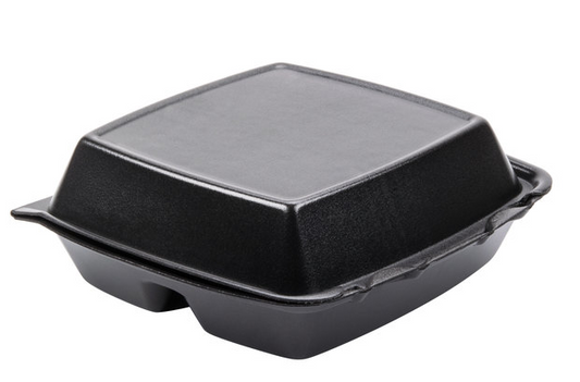8" x 8" x 3" Black Foam Three-Compartment Square Take Out Container with Perforated Hinged Lid