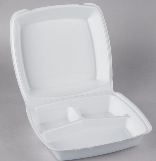 10" x 9 1/2" x 3 1/2" White Foam 3 Compartment Hinged Lid Container