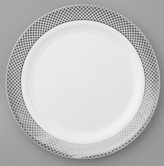 10" White Plastic Plate with Silver Lattice Design