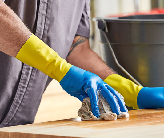 12" Blue / Yellow 28 Mil Neoprene / Latex Gloves with Flock Lining - 12/Pack