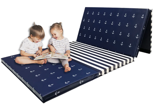 NAVY AND WHITE NAUTICAL 4' X 8' X 2" INTERMEDIATE LEVEL FOLDING GYMNASTICS MAT
