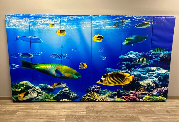 PRINTED CUSTOM WOOD BACKED GYM WALL PADDING PANELS 2' X 6'