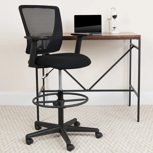 Mid-Back Black Mesh Drafting Chair with Adjustable Arms and Foot Ring
