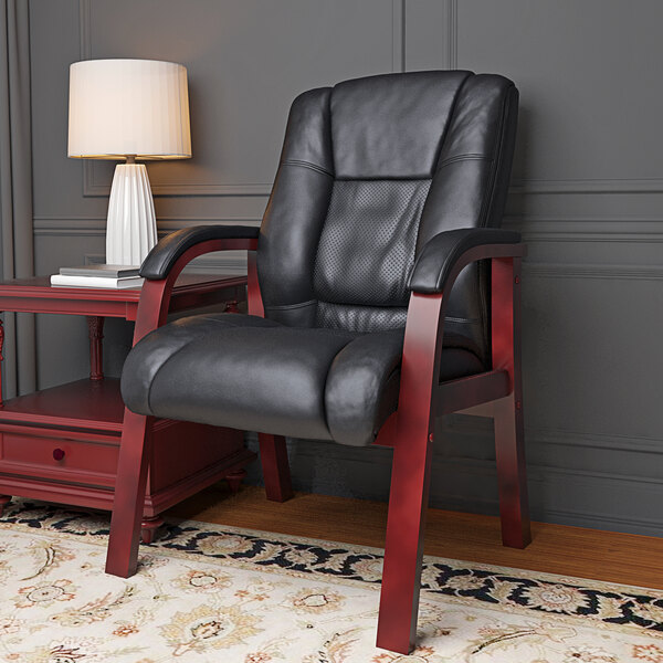 Black Mid Back Guest Chair with Mahogany Finish