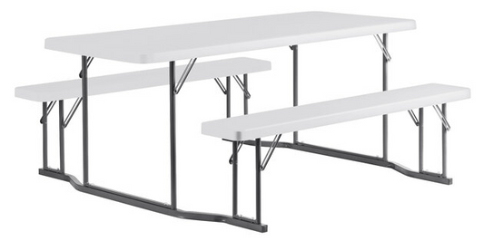 30" x 71" Rectangular White Plastic Folding Picnic Table with Attached Benches