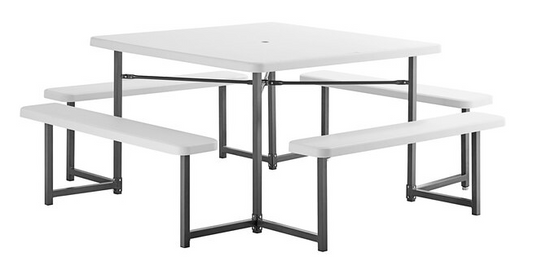 48" Square White Picnic Table with Attached Benches