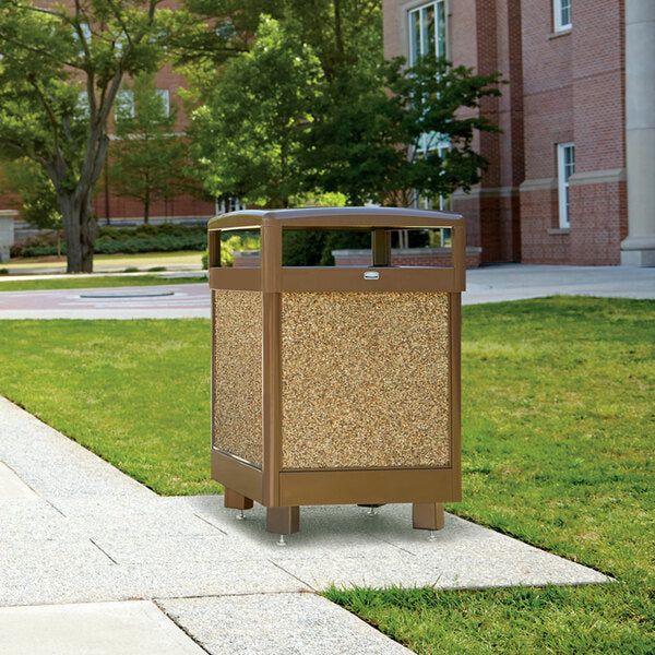 Top Brown with Desert Brown Stone Panels Square Steel Waste Receptacle with Rigid Plastic Liner 48 Gallon