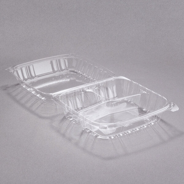 8 5/16" x 8 5/16" x 3" 3 Compartment Hinged Lid Plastic Container