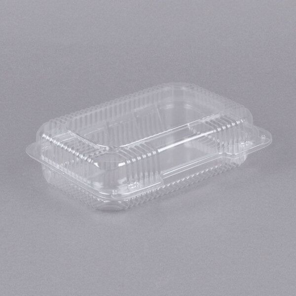 9 3/8" x 6 3/4" x 2 1/8" Clear Hinged PET Plastic Medium Shallow Dome Oblong Container