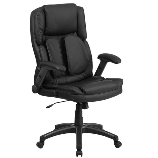 Black Leather Executive Swivel Office Chair with Outer Lumbar Support and Flip-Up Arms