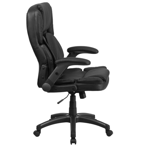 Black Leather Executive Swivel Office Chair with Outer Lumbar Support and Flip-Up Arms