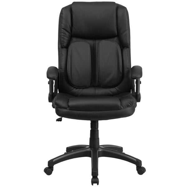 Black Leather Executive Swivel Office Chair with Outer Lumbar Support and Flip-Up Arms