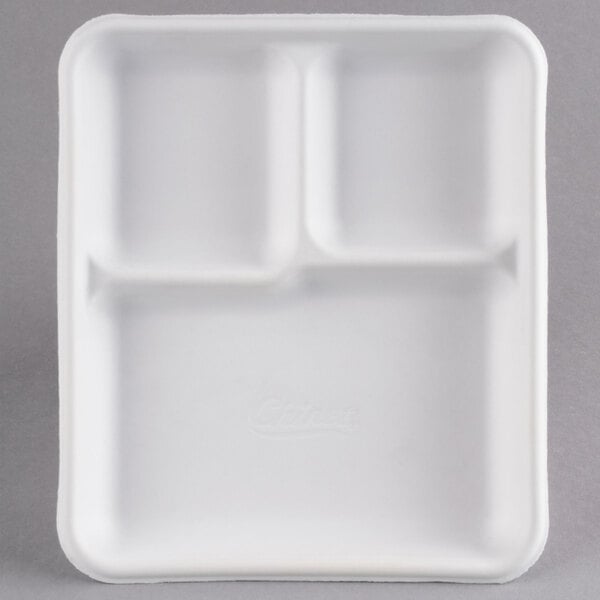 White Molded Fiber / Pulp 3 Compartment Cafeteria Tray