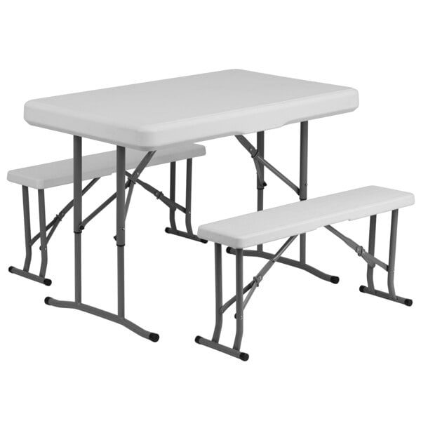 25 1/2" x 41" White Plastic Folding Table with 2 Benches