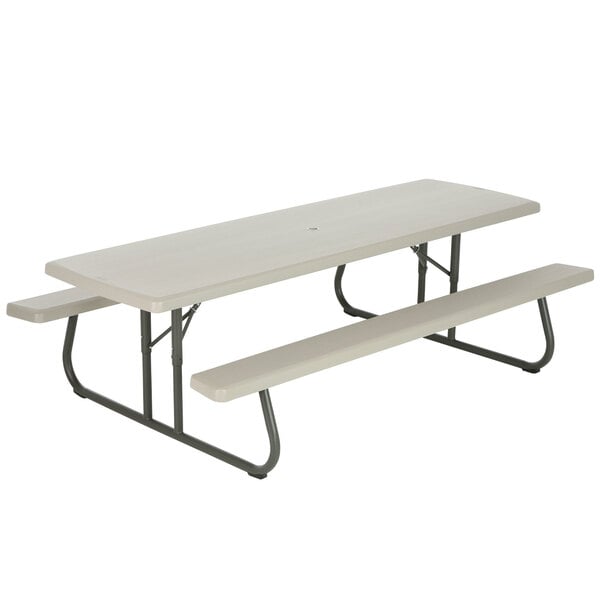 30" x 96" Rectangular Putty Plastic Folding Picnic Table with Attached Benches